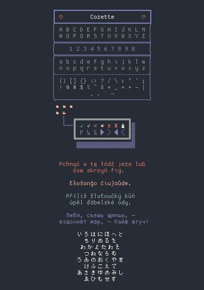 Cozette bitmap font specimen