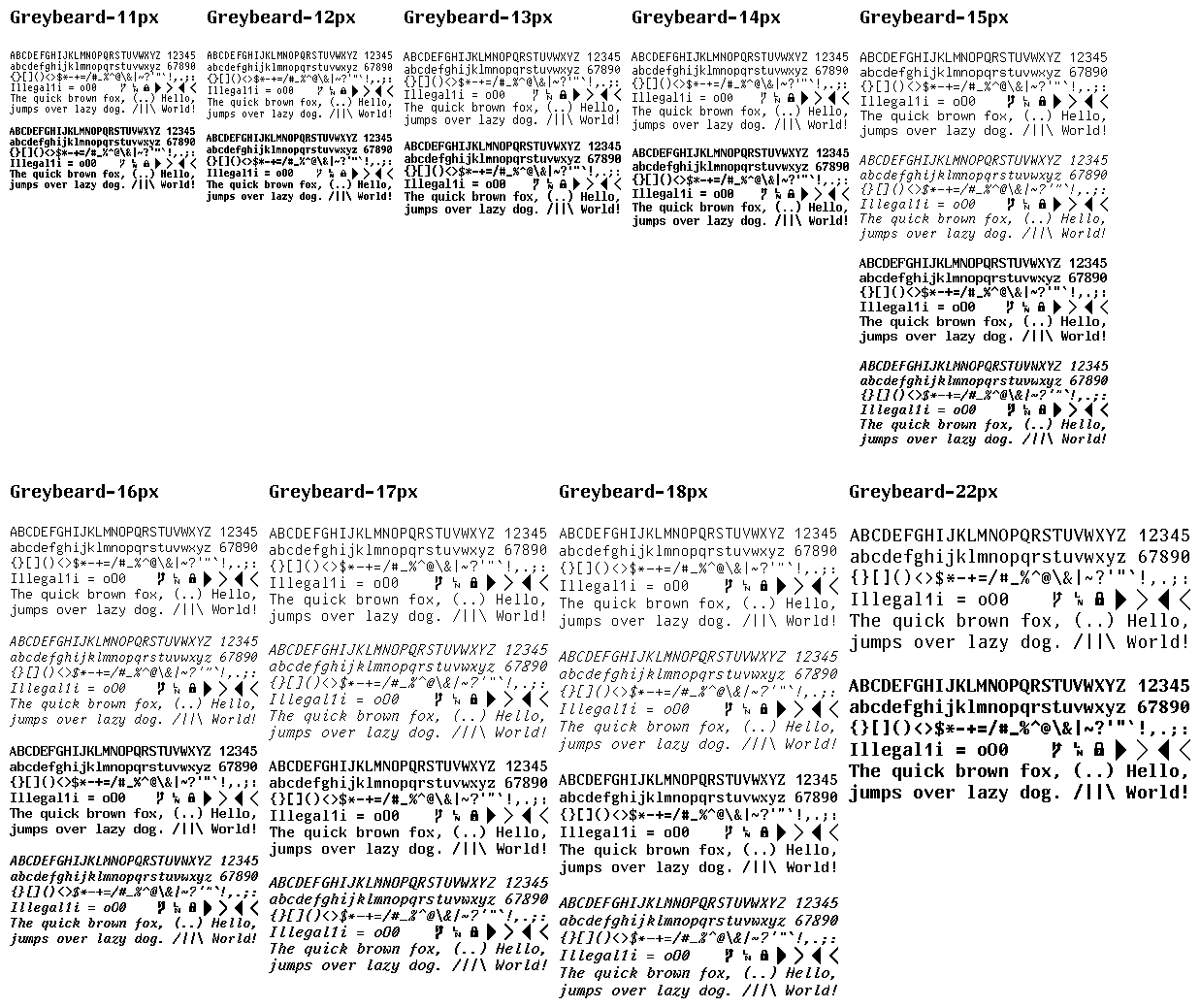 Greybeard bitmap font specimen